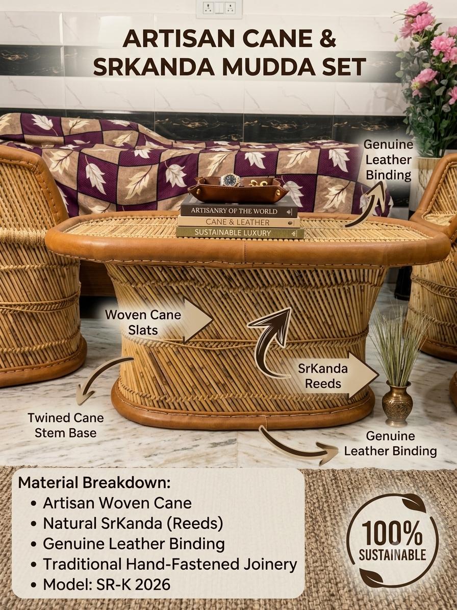 Artisanal Leather-Bound Sarkanda Center Table