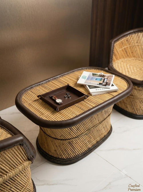 Artisanal Leather-Bound Sarkanda Center Table